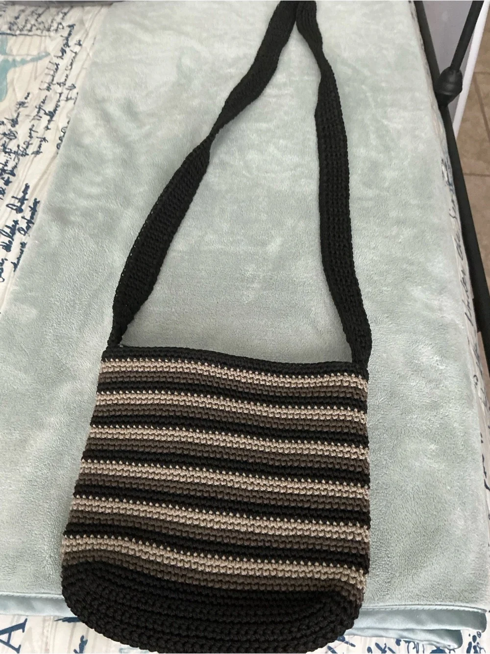 Handcrafted Black and Tan Striped Crochet Crossbody Bag